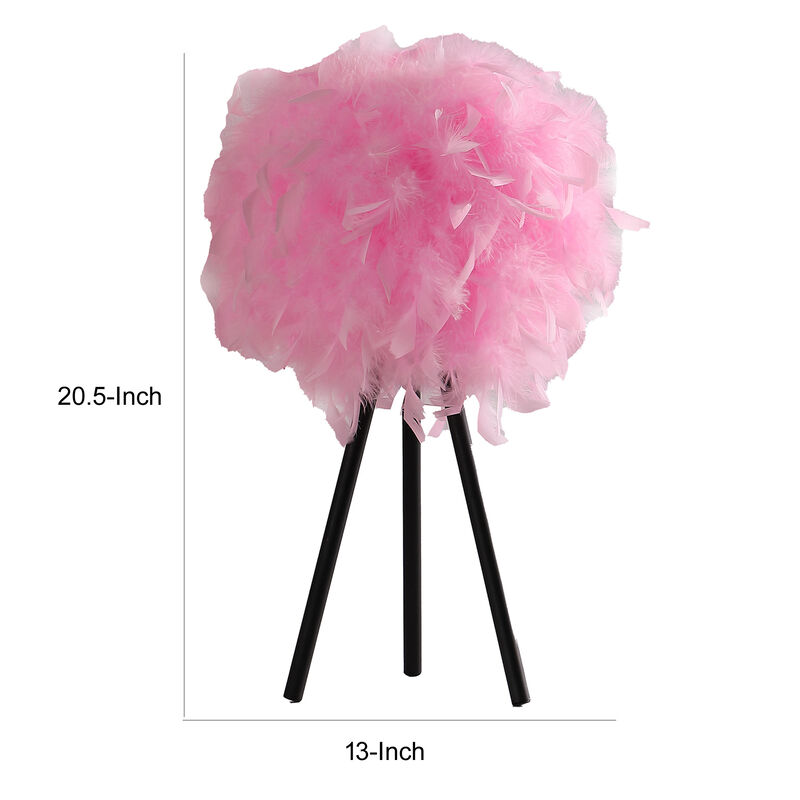 Rio 21 Inch Accent Table Lamp, Pink Feather Shade, Black Metal Tripod Base - Benzara