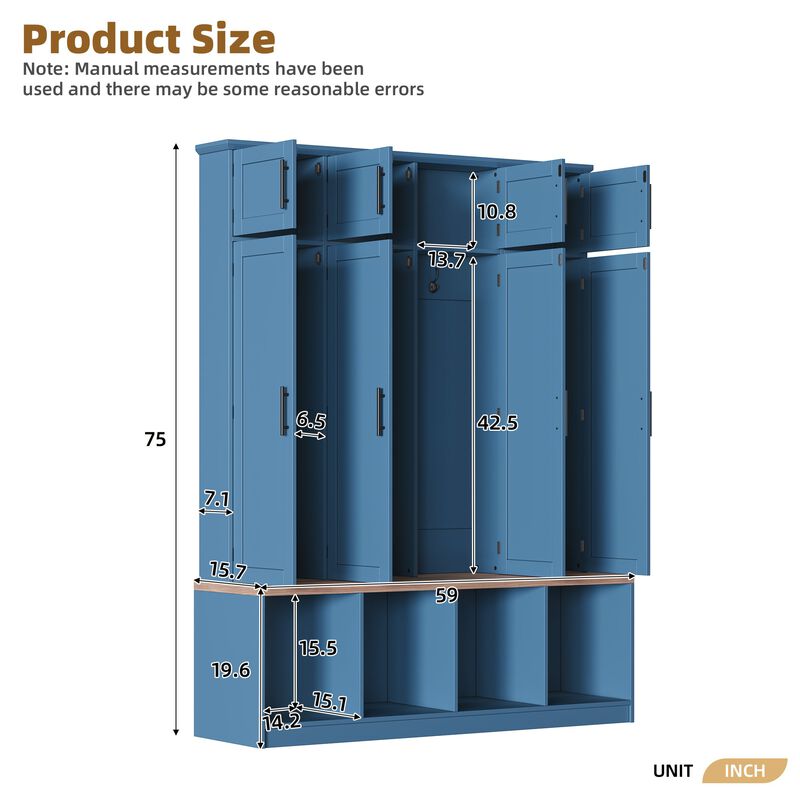 Farmhouse Hall Tree with Hidden Hooks, Walnut Bench, 8 Door Entryway Shoe Cabinet, Open Storage