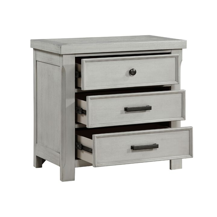 Brok Nightstand, 3 Drawers, Light Gray Acacia Wood, Black Bar Handles - Benzara