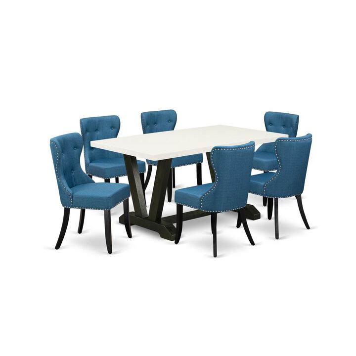 East West Furniture V626SI121-7 7-Pc Kitchen Dining Set- 6 Upholstered Dining Chairs with Blue Linen Fabric Seat and Button Tufted Chair Back - Rectangular Table Top & Wooden Legs - Linen White and Bl