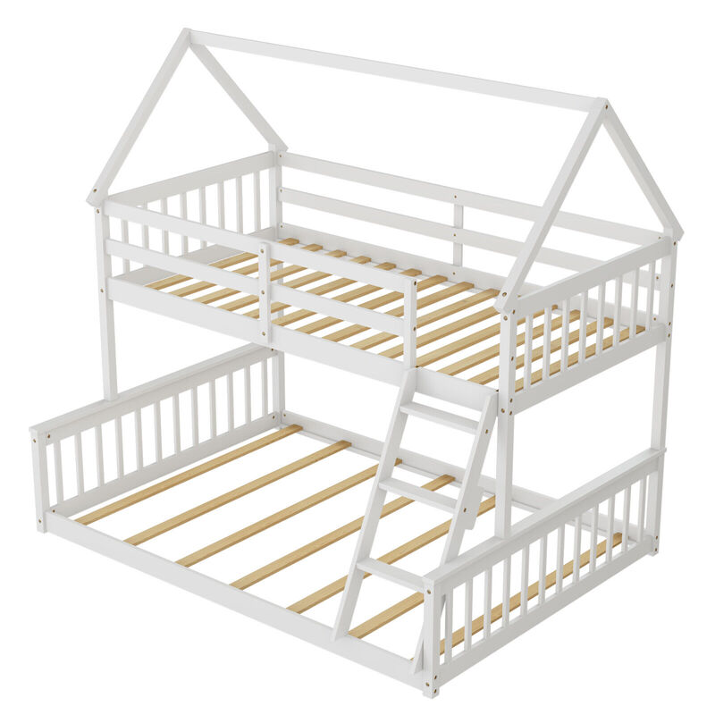 Twin Over Full House Bunk Bed with Ladder and Guardrails