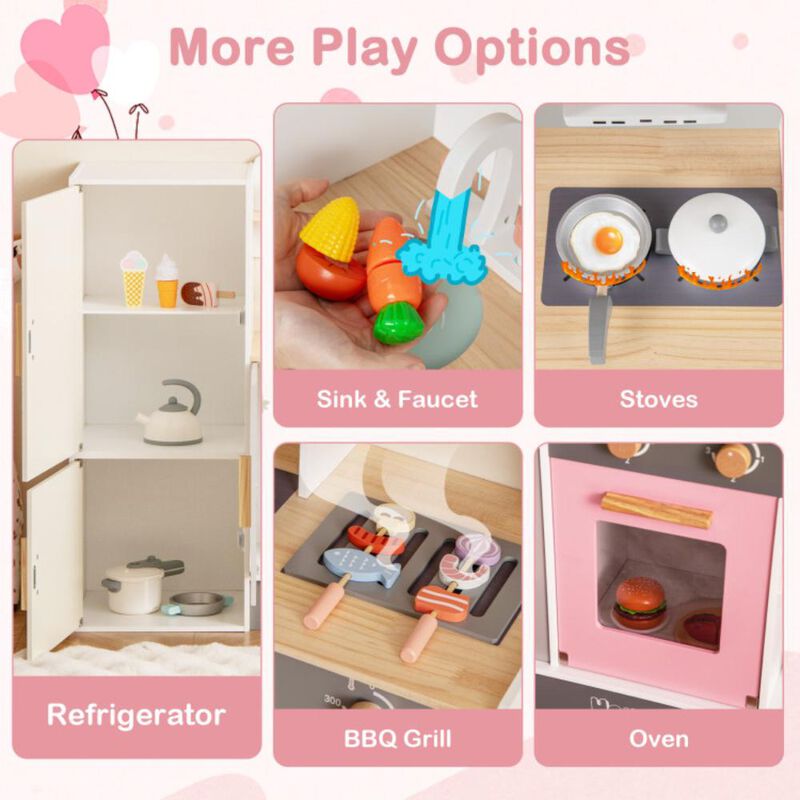 Hivvago Kids Play Kitchen Set with Realistic Range Hood and Refrigerator