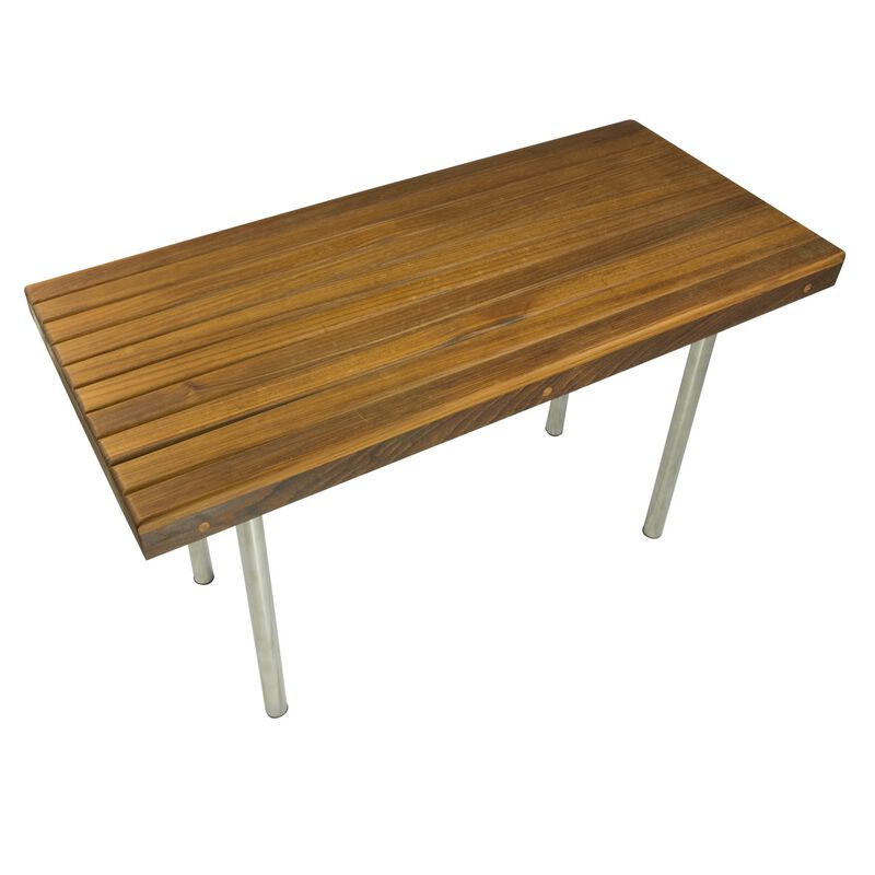 HomeRoots 18" X 30" Brown Teak Wood And Stainless Steel Rectangular Shower Bench image number 0