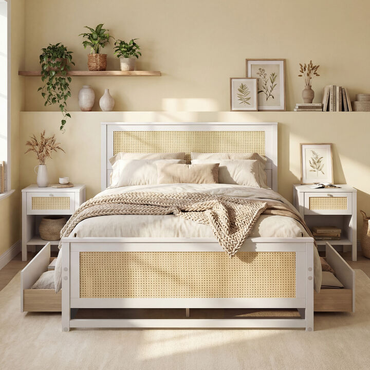 Modern Full Rattan Bed Frame with Under-Bed Storage Drawers