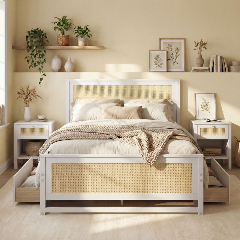 Modern Full Rattan Bed Frame with Under-Bed Storage Drawers image number 1