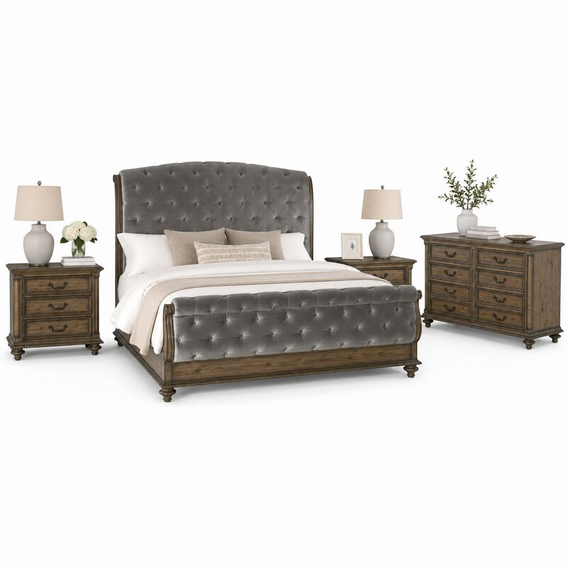 Queen Bedroom Set, Gray, Brown Wood, 4 Piece Set with 2 Nightstands and Dresser image number 0