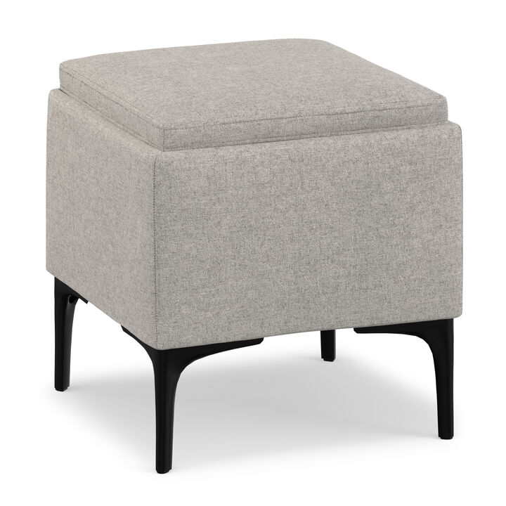 Natasha 18 inch Wide Mid Century Square Mid&nbsp;Century Storage Ottoman with Tray in Cloud Grey Polyester Linen, Assembled