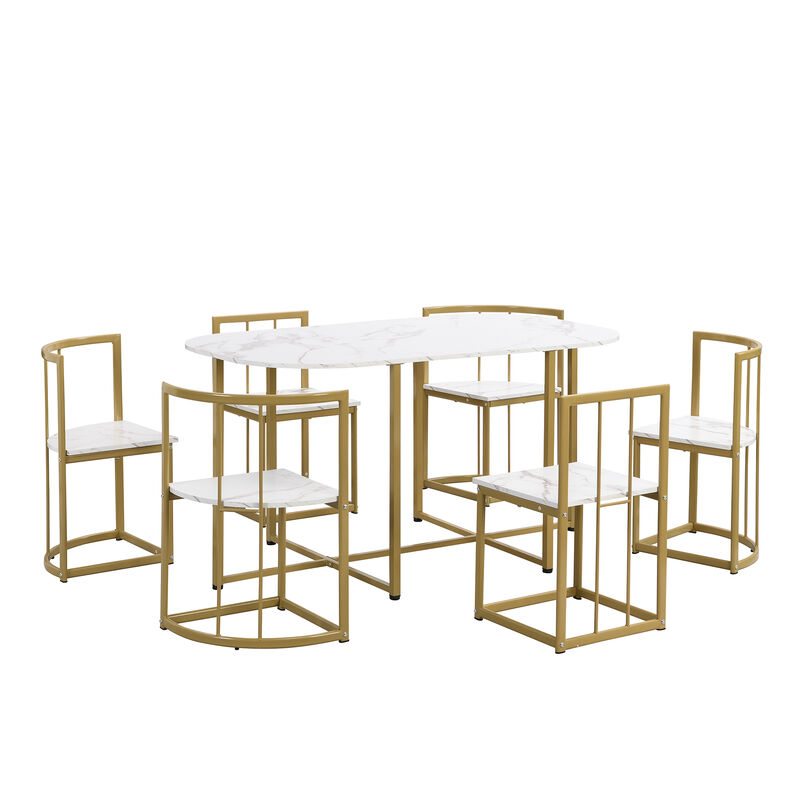 Modern 7-Piece Dining Table Set with Faux Marble Compact 55Inch Kitchen Table Set for 6, Golden+White image number 7