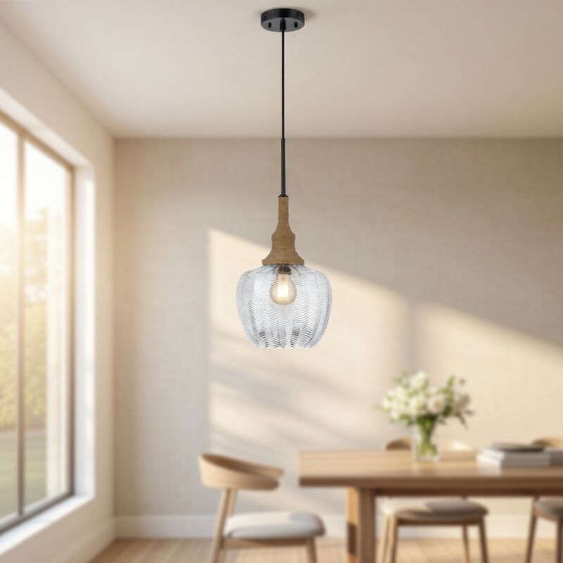 Pendant Light, Leaf Pattern Glass Shade, Burlap Rope Accent, Black Metal image number 8