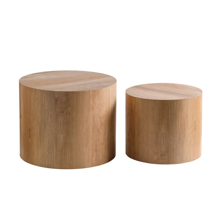 Modern Round Drum Nesting Coffee Table Set of 2, Wooden Cylinder Coffee Tables for Living Room, Space-Saving Design