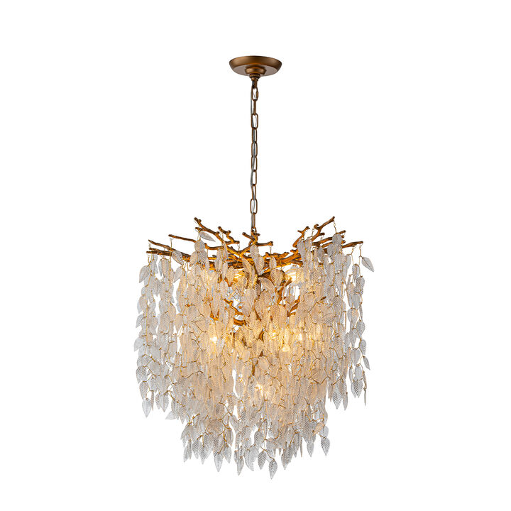 11-Light 22'' Modern Branch Chandelier with Glass Leaves in Painted Brass for Dining Room and Entryway