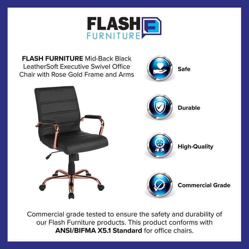 Flash Furniture Whitney Mid-Back Swivel LeatherSoft Desk Chair with Padded Seat and Armrests, Adjustable Height Padded LeatherSoft Office Chair, Black/Rose Gold image number 2