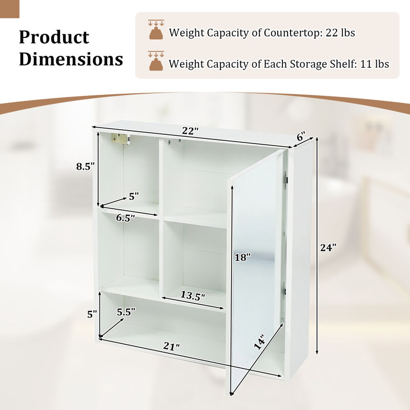 Bathroom Wall Mirror Cabinet with 2 Hidden Shelves and 3 Open Cubbies image number 3