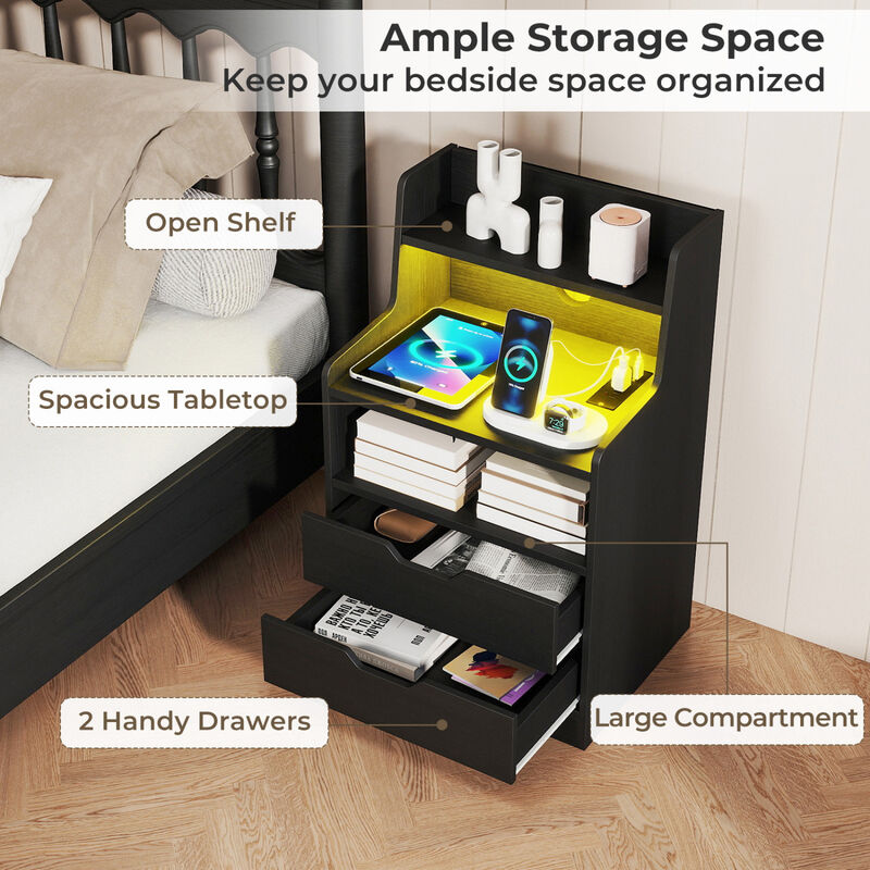 Nightstand End Table with LED Light and Charging Station for Bedroom and Living Room image number 4