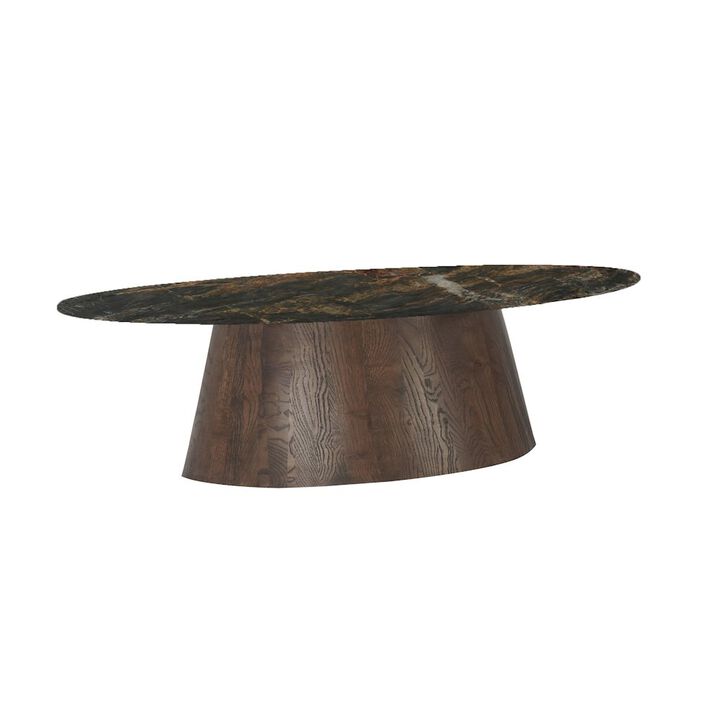 World Interiors Caldera 52" Oval Coffee Table in Lava Marble with Dark Mango Base