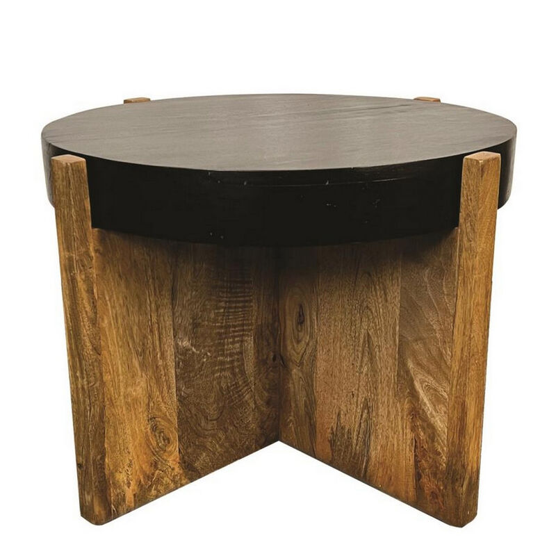 Oza 24 Inch Round Side Table, Distressed Top, Crossed Base, Rich Brown - Benzara