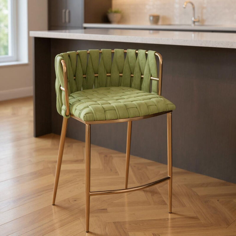 HomeRoots 27" Green and Gold Velvet and Steel Low Back Counter Height Bar Chair image number 1