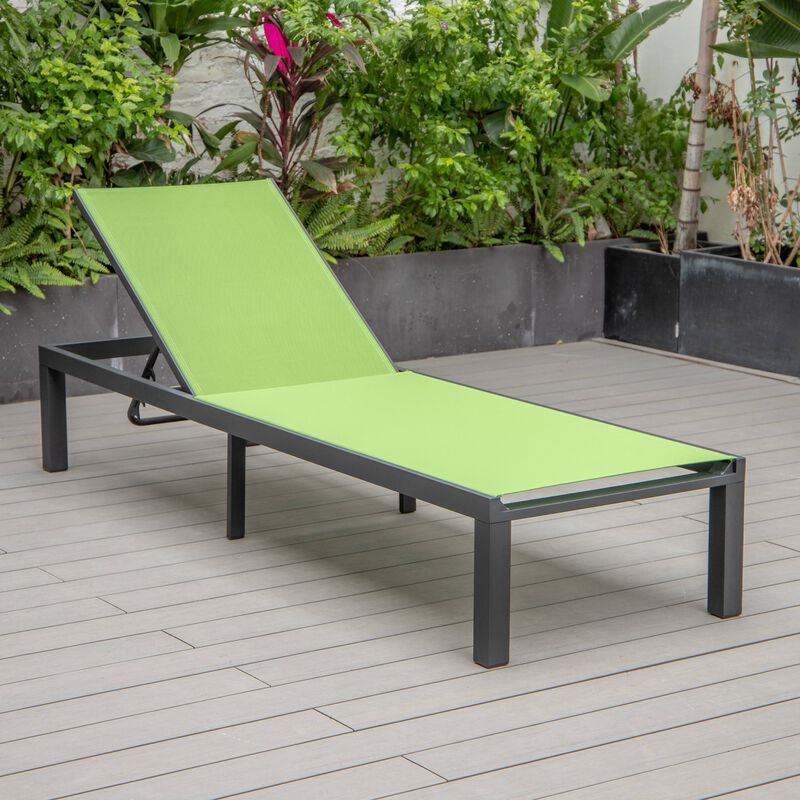 LeisureMod Marlin Modern Black Aluminum Outdoor Patio Chaise Lounge Chair in Black Frame with Square Fire Pit Side Table