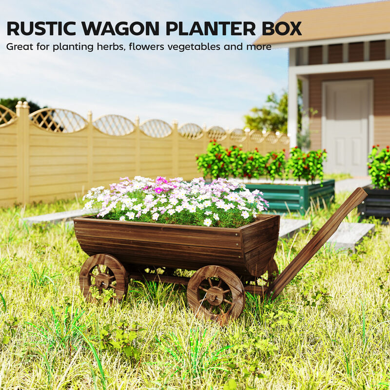 Hivvago Wooden Wagon Planter with Wheels and Drainage Hole image number 3