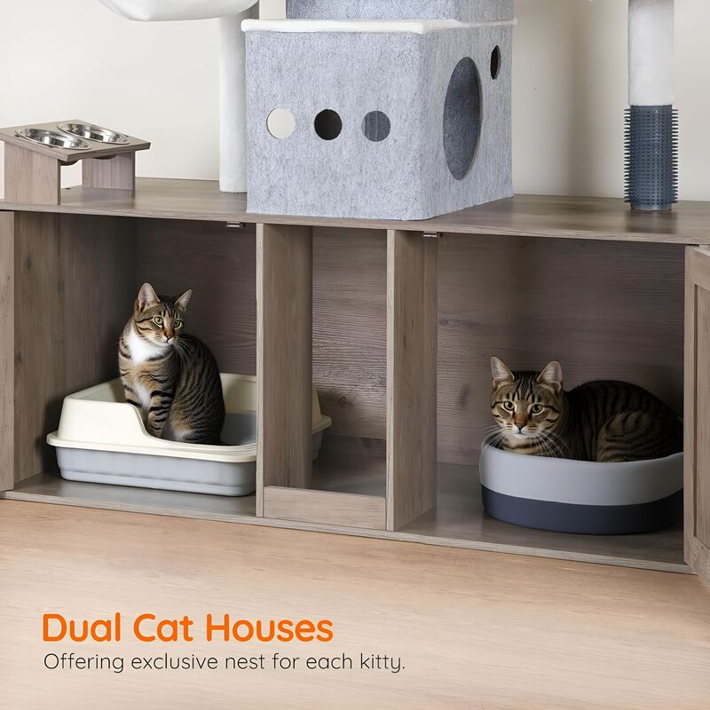 Multi-Level Cat Tree with Dual Litter Box Storage and Play Platforms-Greige image number 4
