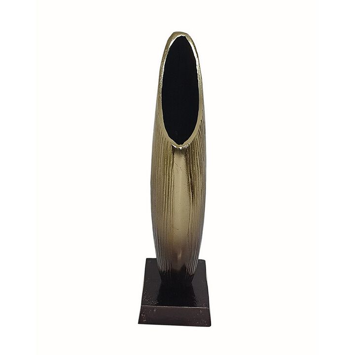 15 Inch Decorative Vase, Aluminum, Vertical Ribbing, Gold and Jet Black - Benzara