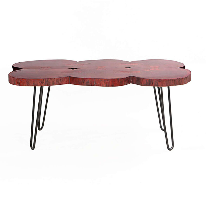 44 Inch Acacia Wood Coffee Table, Quatrefoil Top, Live Edge, Iron Hairpin Legs, Walnut Brown, Black-Benzara image number 1