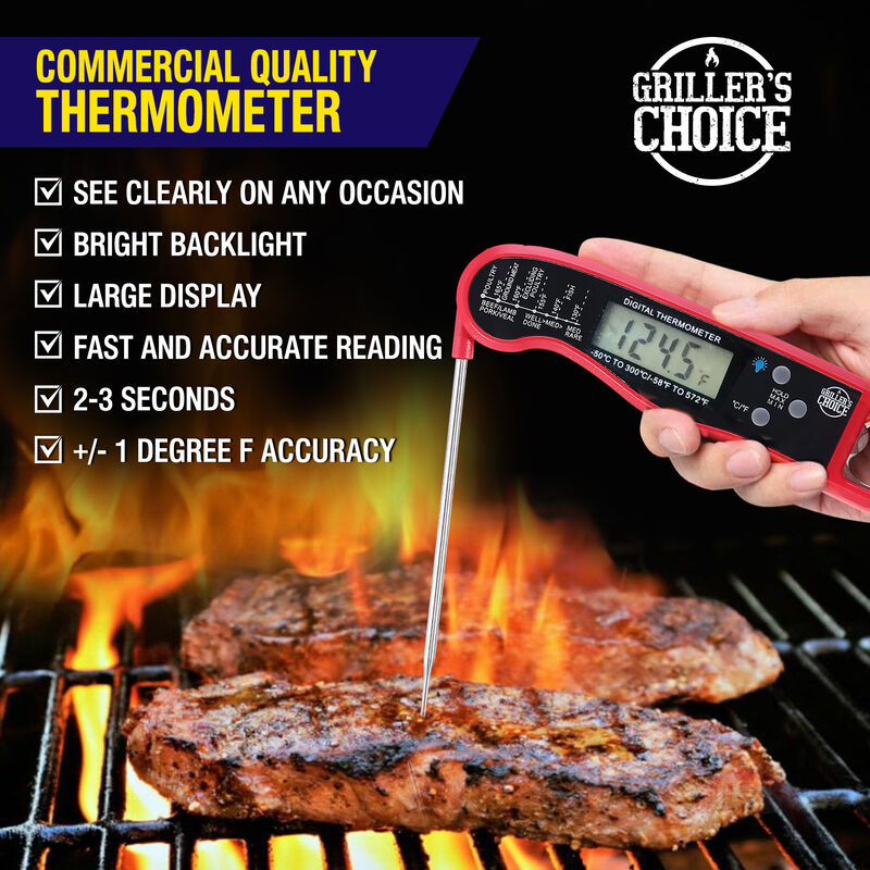 Griller's Choice - Digital Instant Read Thermometer- Precise, Backlight, Magnet, Folding Probe.