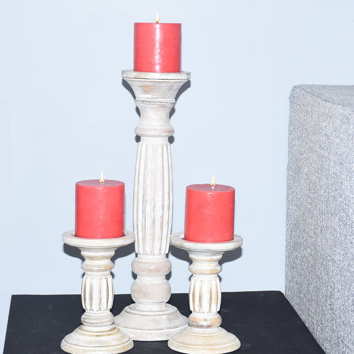Traditional Antique White Eco-friendly Handmade Mango Wood Set Of Three 6",15" & 6" Pillar Candle Holder