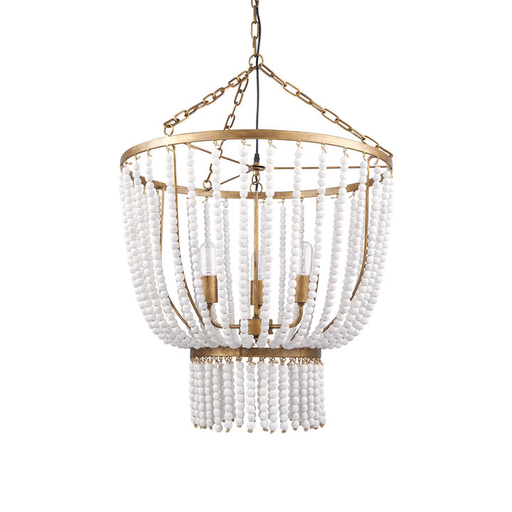 HomeRoots Gold And White Empire Three Light Metal and Beads Dimmable Chandelier