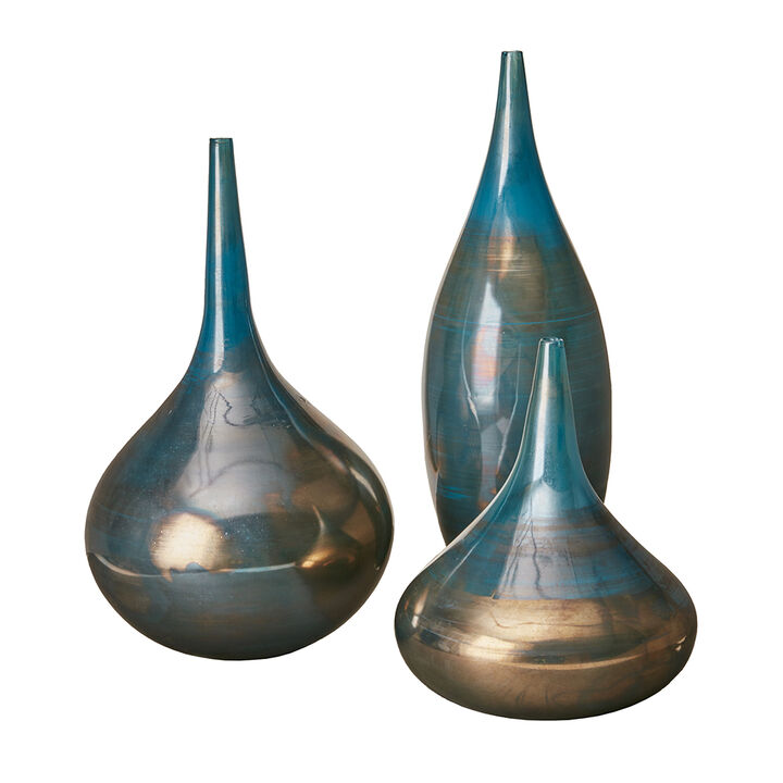 Gracie Mills McCullough Azure Elegance 3-Piece Blue and Bronze Glass Vase Set