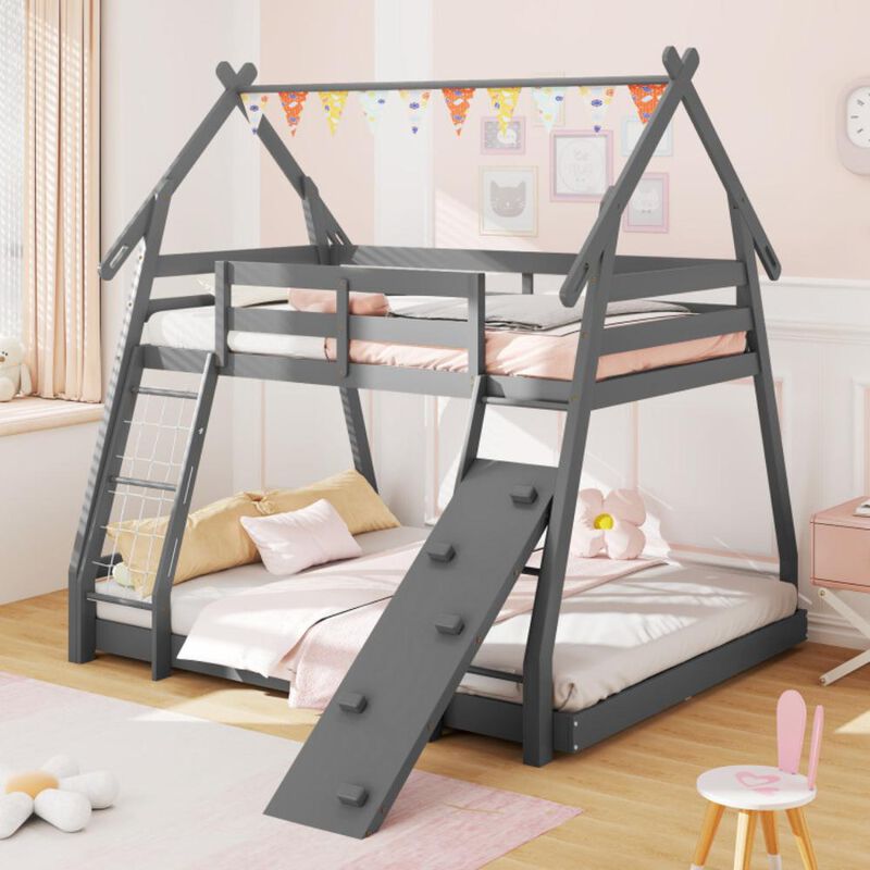 Hivvago Twin Over Queen Bunk Bed Wooden Kids Bed with Climbing Nets and Ramp