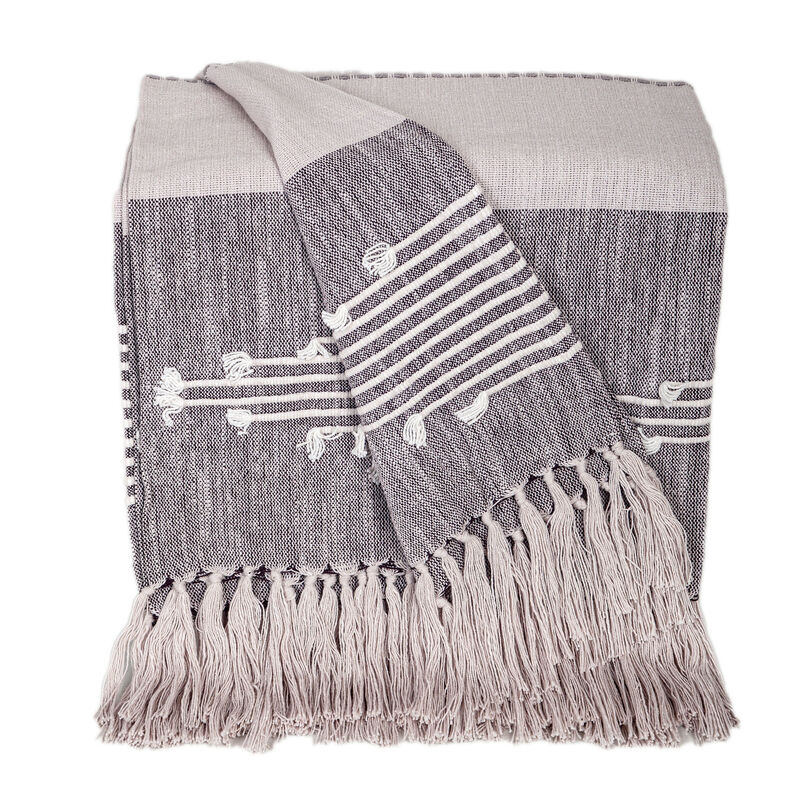 HomeRoots 50" X 60" Gray Woven Cotton Striped Throw Blanket with Tassels and Embroidery image number 2