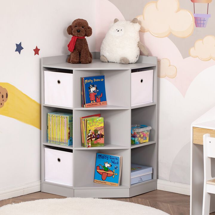 Wooden Kids Cabinet Freestanding Corner Storage Drawer Clothes Organizer Dresser Children Bookcase Display Shelf for Bedroom, Grey