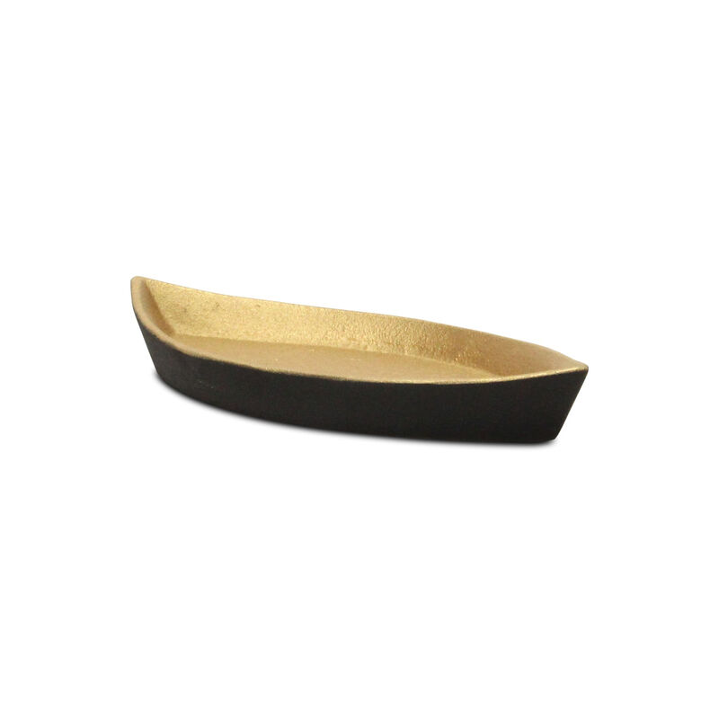 HomeRoots 10" Black And Gold Cast Iron Oval Boat Shaped Tray image number 2