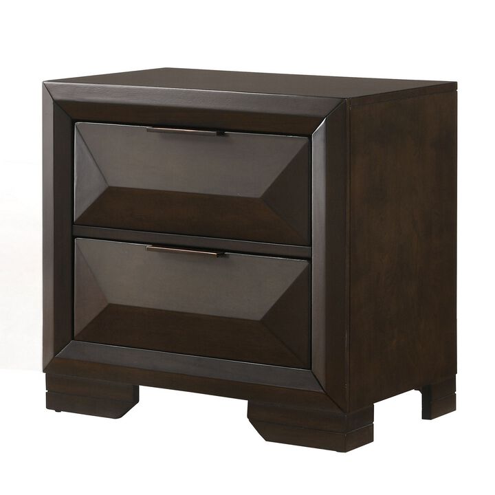 Wooden Nightstand with Dramatic Bevel Drawer Fronts, Espresso Brown-Benzara