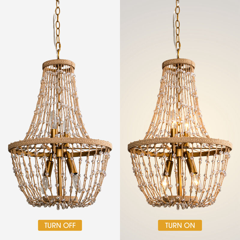 4-Light Farmhouse Handmade Hemp Rope Wood Chandelier