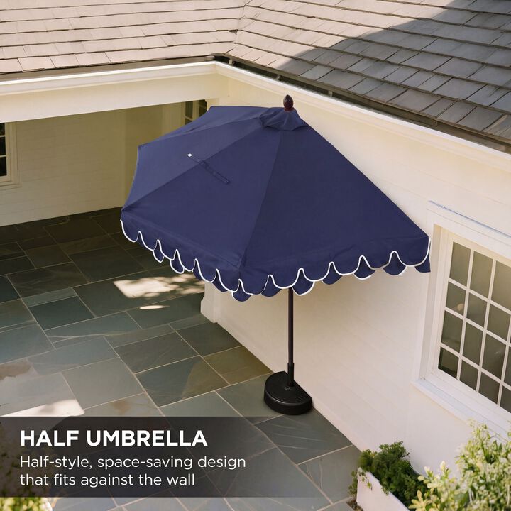 Terrace Arc 9 ft. Classic Dark Brown Pole MidCentury Scalloped Fringe Market Patio Half Umbrella with Crank, Tilt Button and UV Protection
