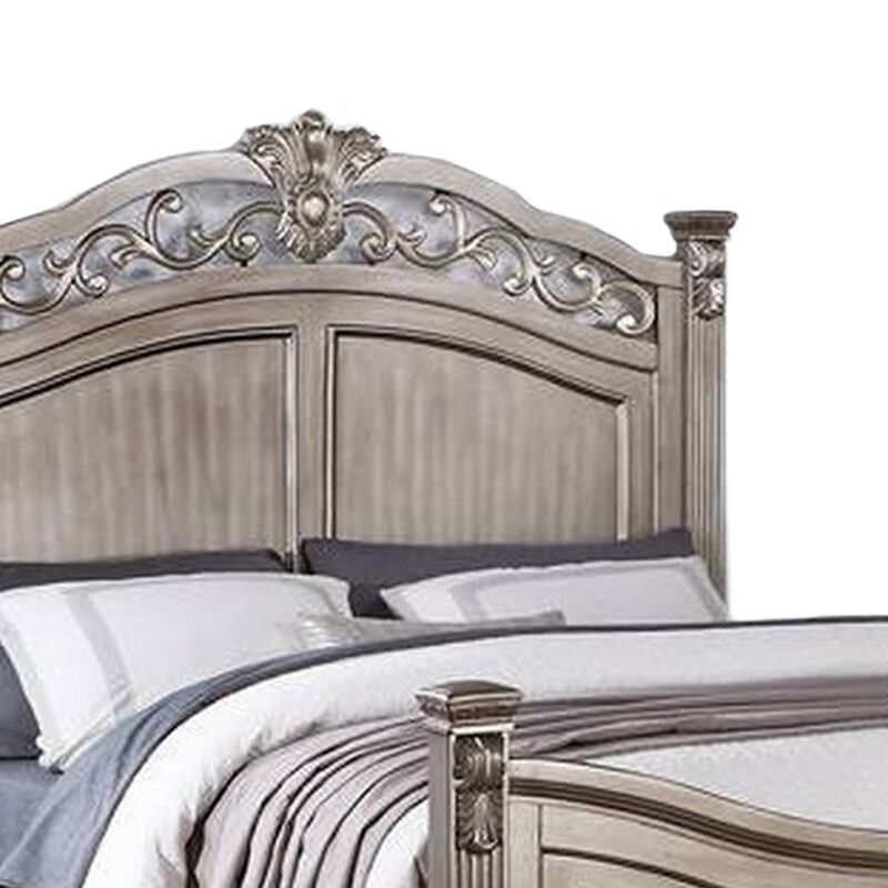 Aza Traditional Wood Queen Size Bed, Leaf Carvings, Champagne Gold Finish - Benzara
