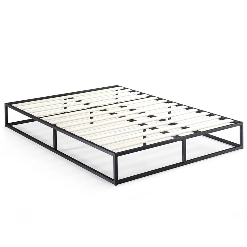 Modern Metal Platform Bed with Wood Slats – Low Profile Frame, No Box Spring Required