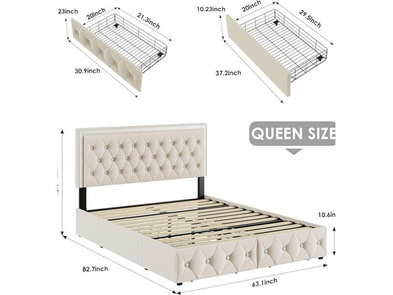 Queen Upholstered Led Bed Frame With 4 Drawers, Velvet Platform Storage Bed With Adjustable Button Tufted Headboard And Solid Wooden Slats Support, No Box Spring Needed, Beige