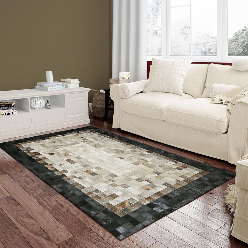 Genuine Beige Cowhide Patchwork Rug with Black Border image number 5