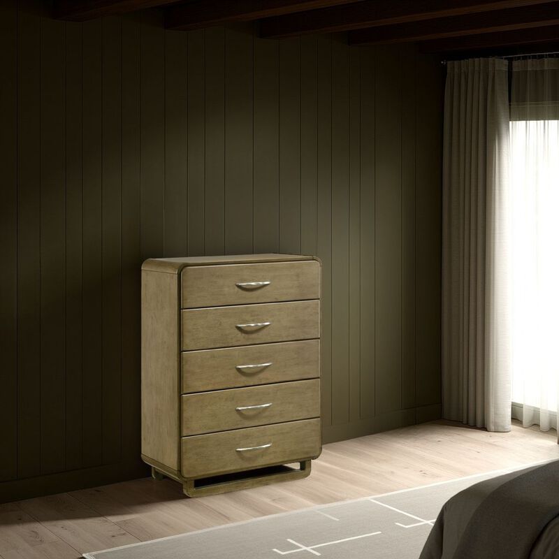 Deon Tall Dresser Chest, 5 Drawers w Nickel Handles, Nutmeg Brown - Benzara