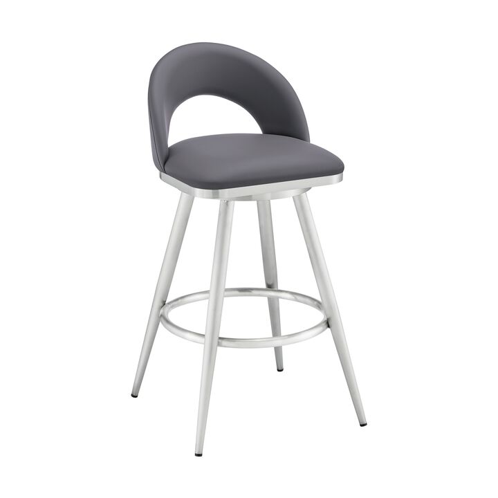 Visy 30 Inch Swivel Barstool Chair, Round Open Back, Gray Faux Leather - Benzara