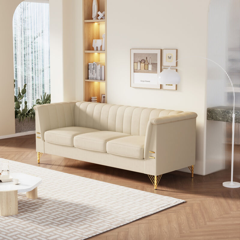 Modern Chenille Sofa, 82.67" Upholstered Couch with Bolster Armrest, 3Seat Sofa for Living Room, Bedroom, Office, Apartment, Dorm, beige