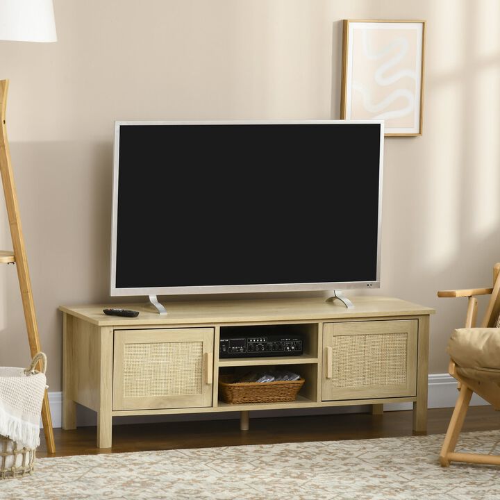 Boho TV Stand for 60 Inch, Entertainment Center with Rattan Door, Adjustable Shelf and Storage Cabinets, Wood