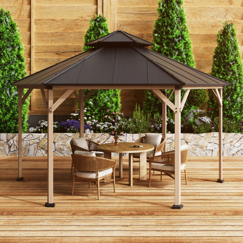 Mondawe 15Ft Hexagon Hardtop Gazebo with Solar LED Light and Metal Roof, Gray image number 1