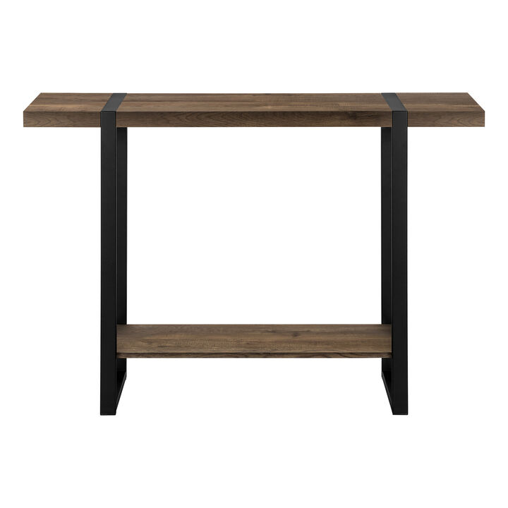 HomeRoots 47" Brown and Black Wood and Metal Distressed Sled Console Table With Shelf