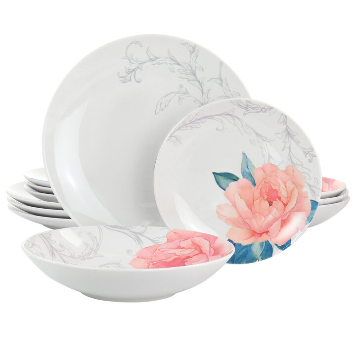 Martha Stewart 12 Piece Fine Ceramic Floral Dinnerware Set in White