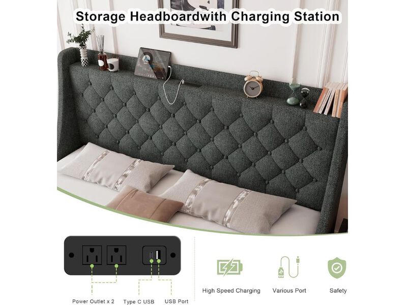 King Size Bed Frame With 4 Storage Drawers, Upholstered Storage Bed With Charging Station, Tufted Wingback Headboard, No Box Spring Needed, Dark Grey