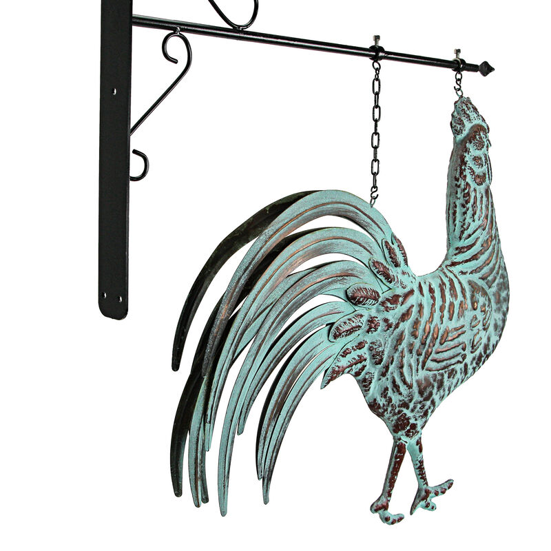 33.5 inch Verdigris Rooster Hanging Metal Wall Sculpture with Wall Bracket image number 2